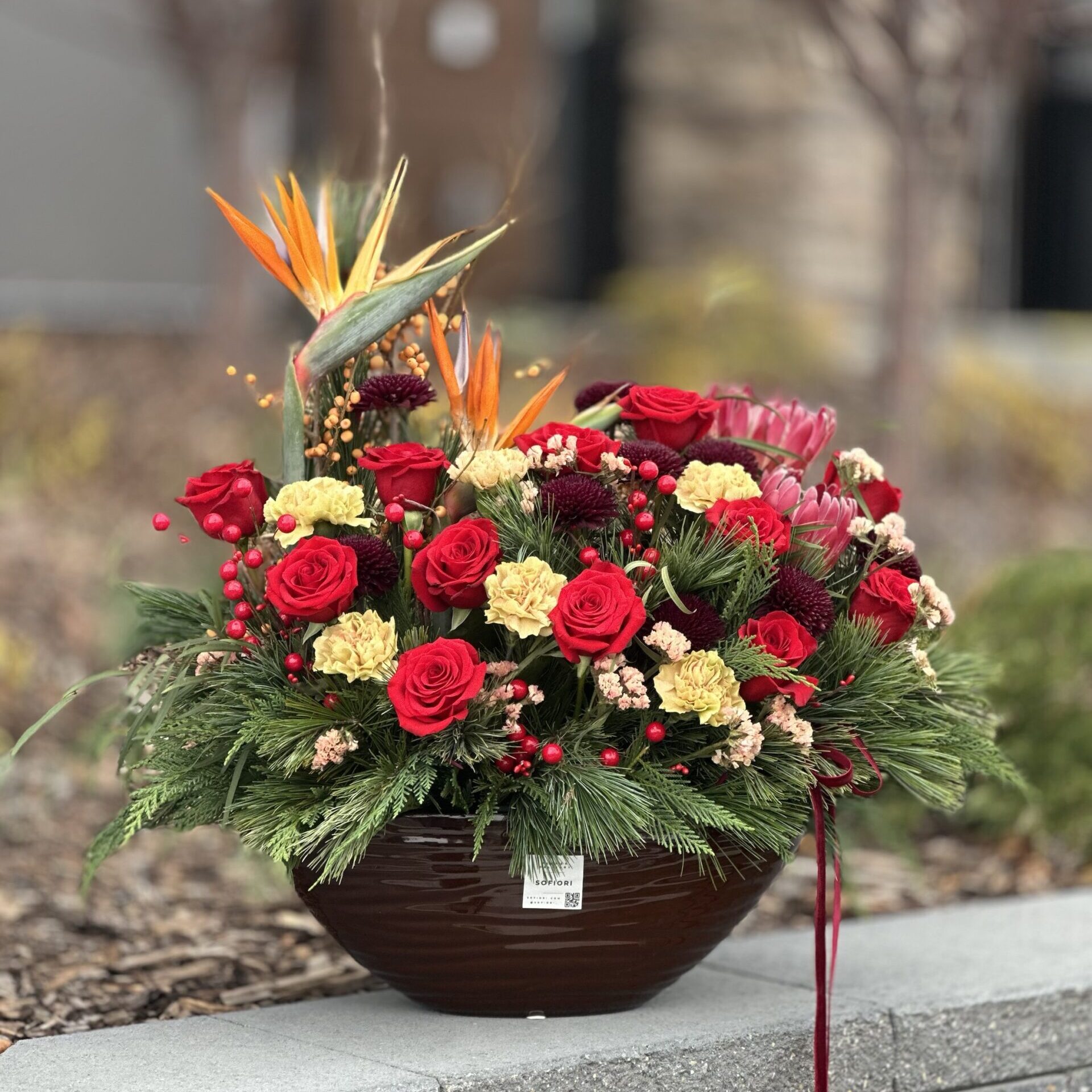 christmas arrangement with roses