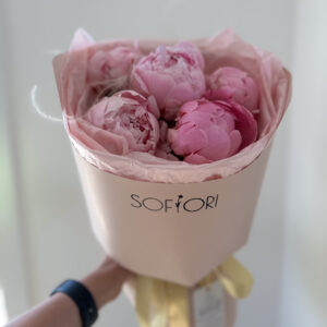 5 stems of vibrant pink peonies, a charming floral arrangement. Top florist in downtown Calgary.